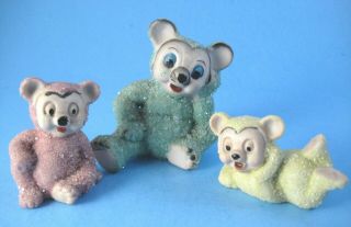 3 Vintage Bear Figurines Pastel With Coralene Bead Decoration Made In Japan