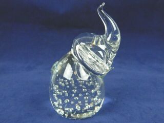 Blown Clear Glass Elephant Raised Trunk Paperweight Controlled Bubbles Figurine