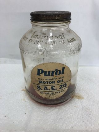 Rare Glass Purol Pure Company War Time Motor Oil Can Quart Paper Label Bottle