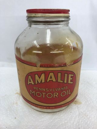 Rare Glass Amalie Pennsylvania War Time Motor Oil Can Quart Paper Label Bottle