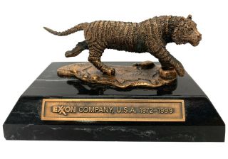 Vintage Collectible • Exxon Company Bronze Tiger And Marble Paperweight •