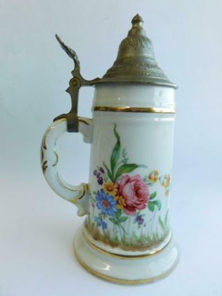 German Porcelain & Pewter Stein With Risqué Lithophane Base Naked Lady 1900s