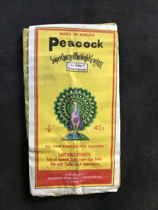 Peacock Firecracker Label - 7/8 40 - Po Sing - Macau - Schneitter Importing