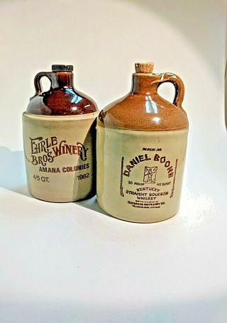 2 Vtg Daniel Boone Kentucky Bourbon Whiskey Moonshine Jug Stoneware Crocks