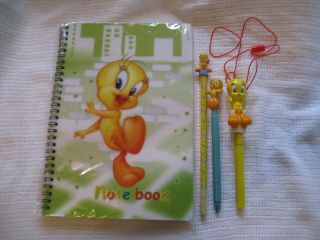 Vintage Looney Tunes Tweety Bird Lined 7 X 10 " Notebook With Pens & Pencil