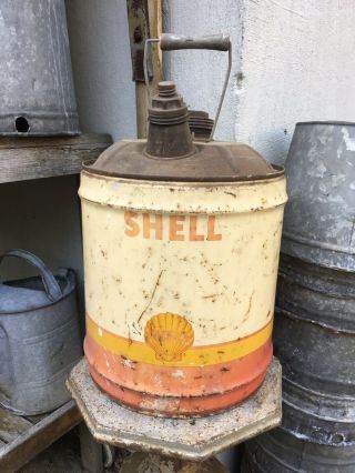 Vintage 5 Gallon Shell Oil Gasoline Can Wooden Handle