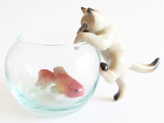 Siamese Cat on Glass Bowl with Fish Miniature Cat Figurine (B) Climbing In Bowl 2