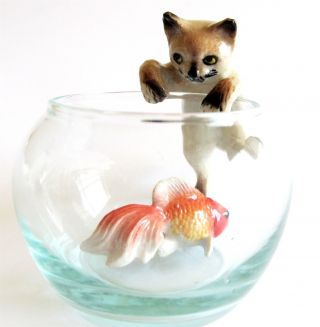 Siamese Cat on Glass Bowl with Fish Miniature Cat Figurine (B) Climbing In Bowl 3