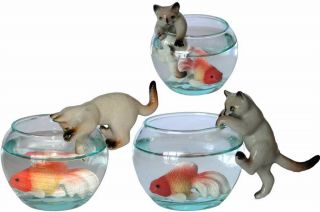 Siamese Cat on Glass Bowl with Fish Miniature Cat Figurine (B) Climbing In Bowl 4