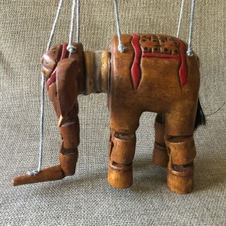 Vintage India Made Elephant Marionette Puppet Hand Carved Wood Hand Painted