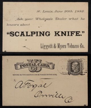 1882 Liggett & Myers Tobacco Co.  Ad On Ux7 Postcard For " Scalping Knife " Product