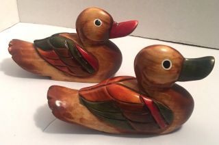 Duck Sculptures,  Carved Wood,  Hand Painted,  Signed,  Vintage,  Japan Euc