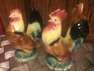 2 Vintage Ceramic Chicken Figurines Rooster & Hen Brown,  Green,  Burgundy 8.  5”