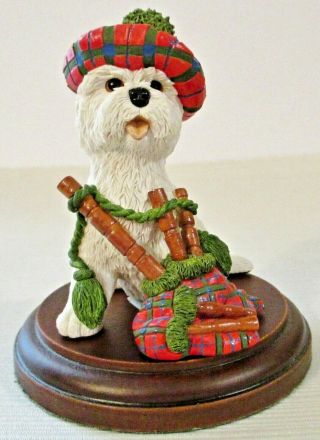 Peakdale England Westie Dog Scottish Bagpipe Player Sculpture W/ Wooden Stand