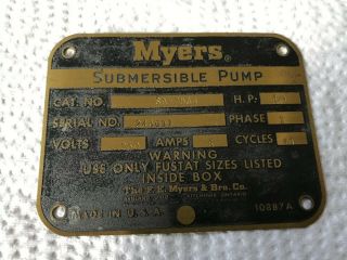 Vintage Brass Myers Pump Emblem Badge Name Plate Sign