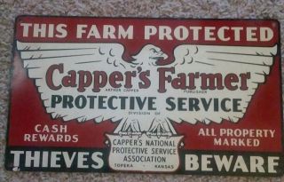 Vintage Cappers Farmer Protective Service Thieves Beware Tin Sign Topeka,  Ks.
