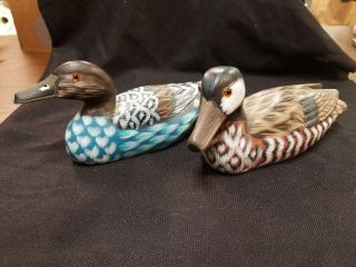 Vintage Decorative Hand Painted Wooden Duck Decoys With Glass Eyes