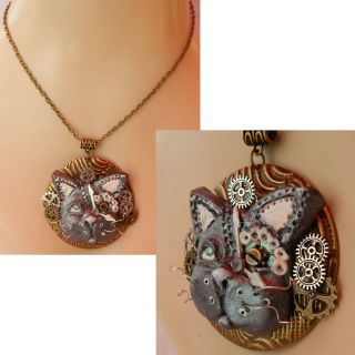 Steampunk Necklace Cat Handmade Chain Polymer Clay Silver Ooak Sculpted Cosplay