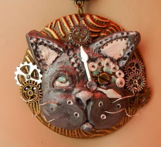 Steampunk Necklace Cat Handmade Chain Polymer Clay Silver OOAK Sculpted Cosplay 2