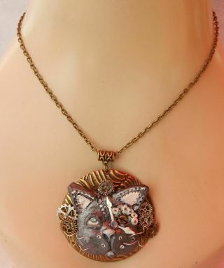 Steampunk Necklace Cat Handmade Chain Polymer Clay Silver OOAK Sculpted Cosplay 3