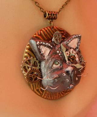 Steampunk Necklace Cat Handmade Chain Polymer Clay Silver OOAK Sculpted Cosplay 5