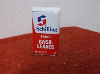 Vintage Schilling Basil Leaves 0.  5 Oz Metal Spice Tin.  By Mccormick.  Usa.  1977