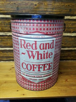 Huge 50 Lb.  Vintage Red & White Advertising Coffee Tin Can Toledo Ohio Aafa