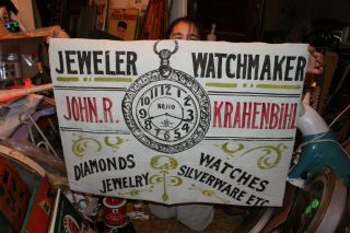Vintage C.  1900 Jeweler Watchmaker Jewelry Pocket Watch Gas Oil 35 " Banner Sign