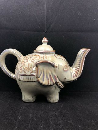 Pier 1 Imports Elephant Teapot Ceramic Trunk Up Antiqued Green Brown