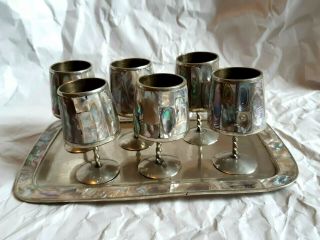 Antique Vintage Alpaca Silver Mexican Shot Glass Cordial Goblet Set Tray Abalone