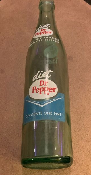 Rare 60s Diet Dr Pepper 16oz Bottle Saccharin One Pint Aqua Blue