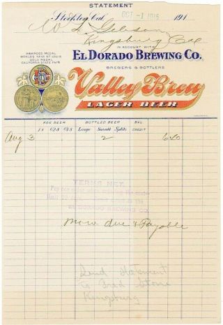 1915 El Dorado Brewing Co.  Statement - Stockton,  Ca