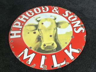 Vintage H.  P Hood & Sons Milk Dairy Farm Porcelain Enamel Sign 12 " Tractor Rare