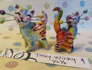 " Tinky Winky & Yoyo " Colorful Whimsiclay Mini Kitties,  1 1/2 ",  Helps Animals