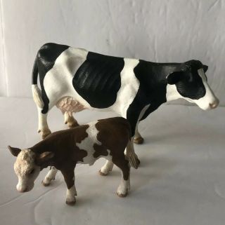 Schleich Animal Farm Life 2000 Holstein Cow And 2008 Simmental Calf