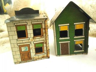 ANTIQUE 1920 ' s WEST BROTHERS TIN LITHO VILLAGE CANDY CONTAINERS - 4 no dupicates 4