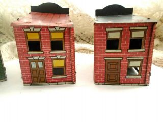 ANTIQUE 1920 ' s WEST BROTHERS TIN LITHO VILLAGE CANDY CONTAINERS - 4 no dupicates 5