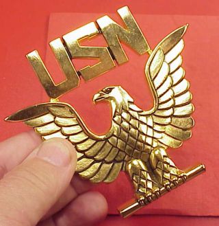 Vintage Usn Eagle Emblem Gold Plated 3 1/2 Inch Studs To Mount In Wall - Trophy