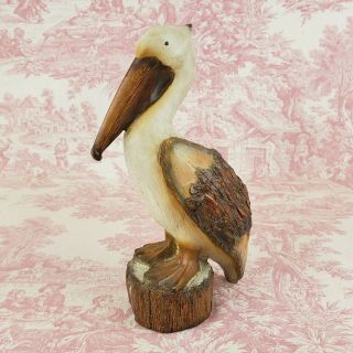 Wood Carved Pelican 9 " Statue Sea Bird Log Figurine