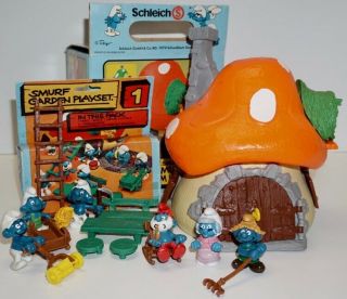 Vintage Smurf Mushroom House Garden Playset 6 Figures Schleich; Peyo