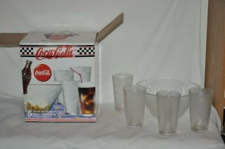 Coca Cola 5 Pc.  Clear Popcorn Bowl With 4 Matching Glasses Old Stock Nib