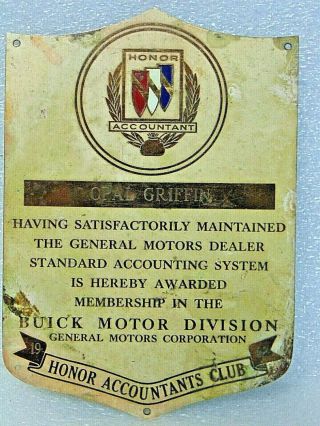 Rare Vintage 1962 Buick Honor Accountant Award Sign General Motors Dealer Plaque