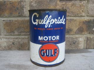 Vintage Gulf Gulfpride Motor Oil 1 Quart Metal Empty Can Gas Station Petroliana