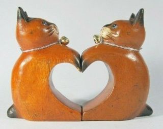 Wooden Pairs Cat Mesh Heart Hand Carved Rain Tree Wood Home Decor Collect Gift