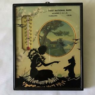 Vintage Advertising Reverse Painting On Glass Thermometer Girl With Scotty Dog