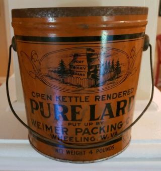 Pure Lard Open Kettle Tin Can Orange Wheeling Wv Weimer Packing Co Fort Henry