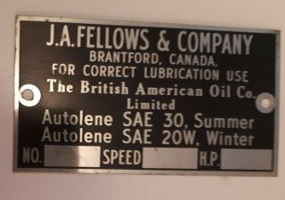 Rare Vintage " J.  A.  Fellows & Co " B/a Autolene Motor Oil Recommendation Plate