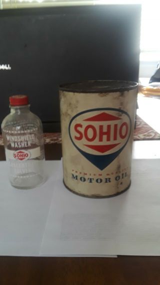 Sohio Motor Oil Can,  40 Wt.  & Sohio Windshield Washer Concentrate Jar 1950 