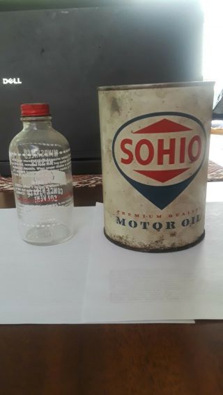 sohio motor oil can,  40 wt.  & Sohio Windshield Washer Concentrate Jar 1950 ' s? 2