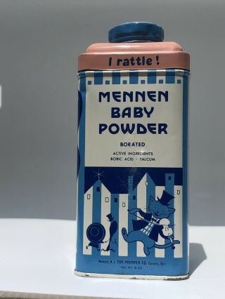 Rare Vintage Mennen Baby Powder Tin Rattle Hey Diddle Diddle 9 Oz